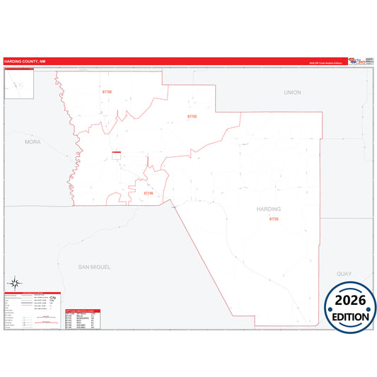 Harding County, NM Red Line 5 Digit ZIP Code Wall Map