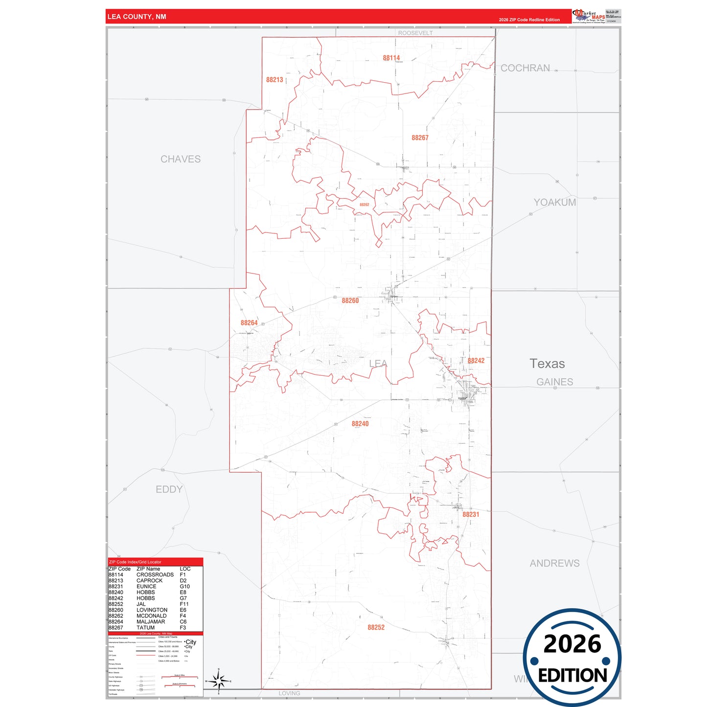 Lea County, NM Red Line 5 Digit ZIP Code Wall Map