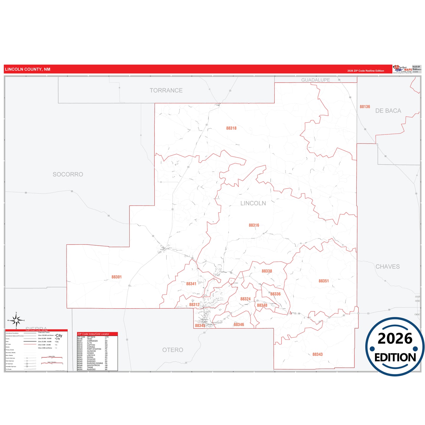 Lincoln County, NM Red Line 5 Digit ZIP Code Wall Map