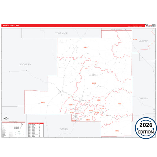Lincoln County, NM Red Line 5 Digit ZIP Code Wall Map