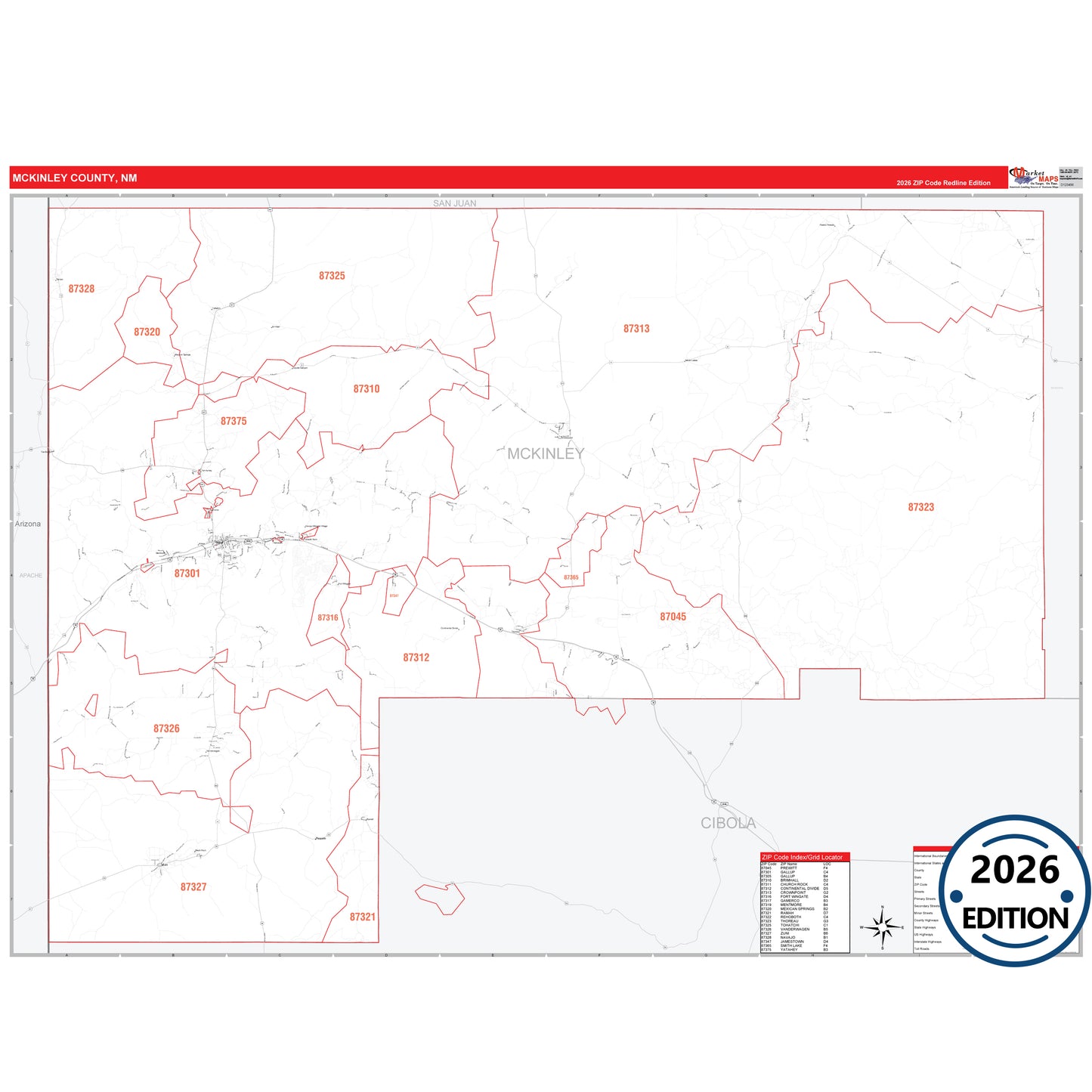 Mckinley County, NM Red Line 5 Digit ZIP Code Wall Map
