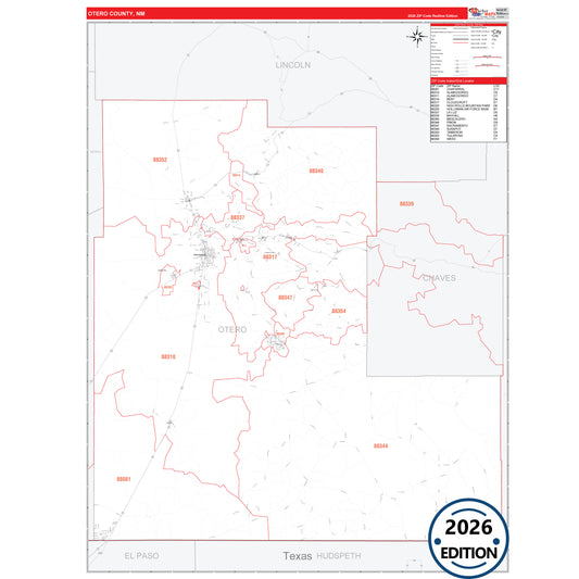 Otero County, NM Red Line 5 Digit ZIP Code Wall Map