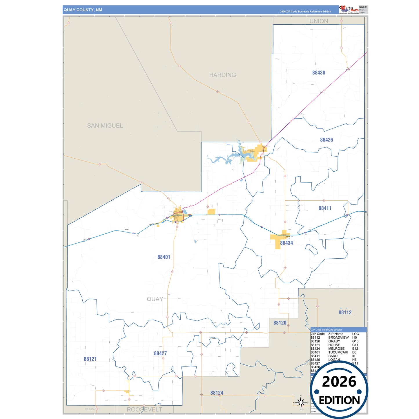 Quay County, NM Business Reference 5 Digit ZIP Code Wall Map