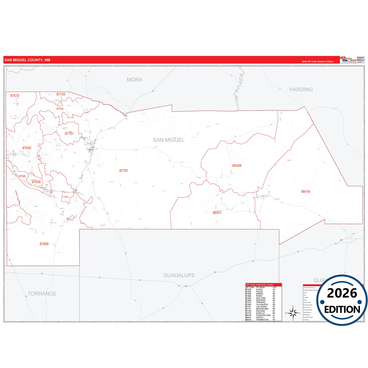 Sandoval County, NM Red Line 5 Digit ZIP Code Wall Map