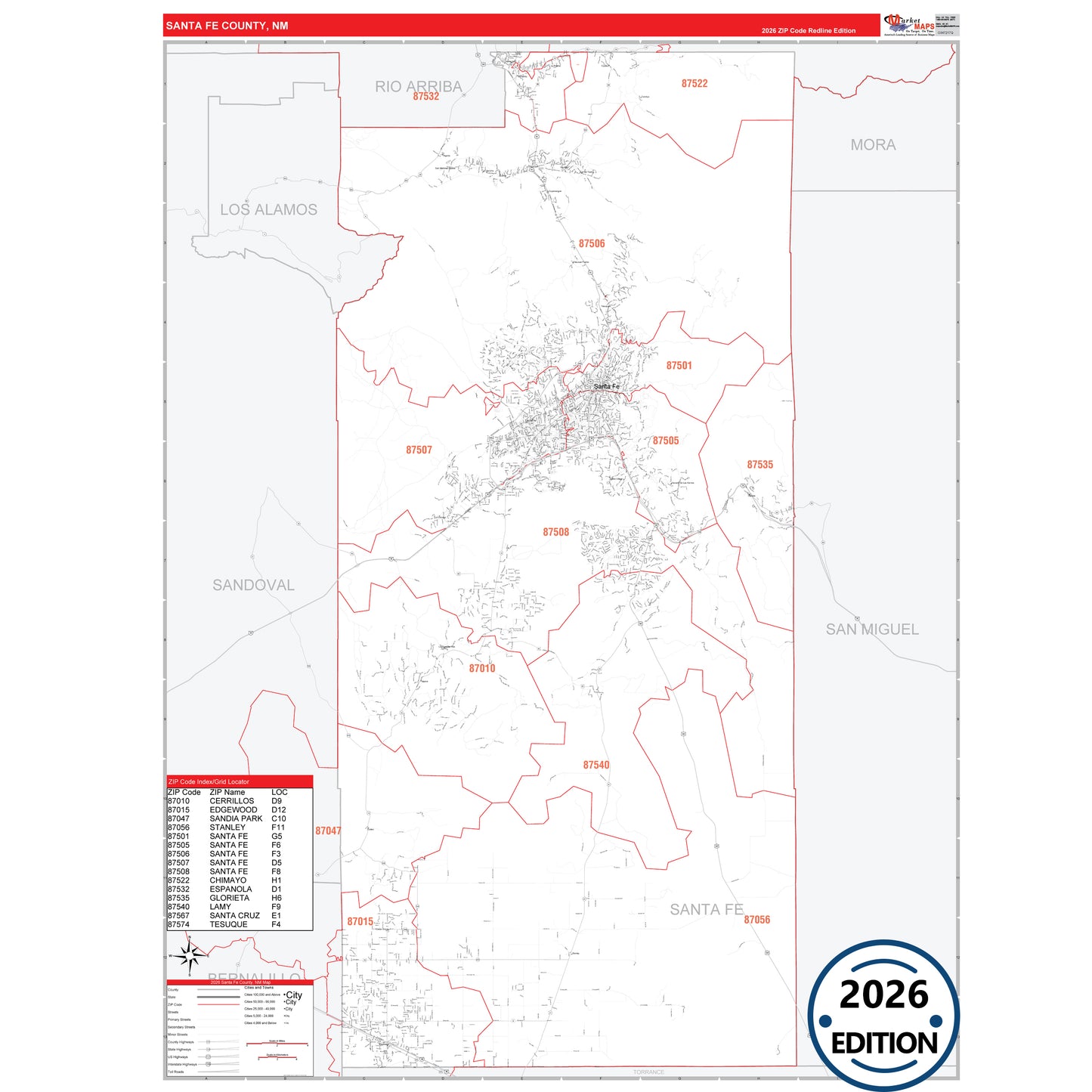 Santa Fe County, NM Red Line 5 Digit ZIP Code Wall Map