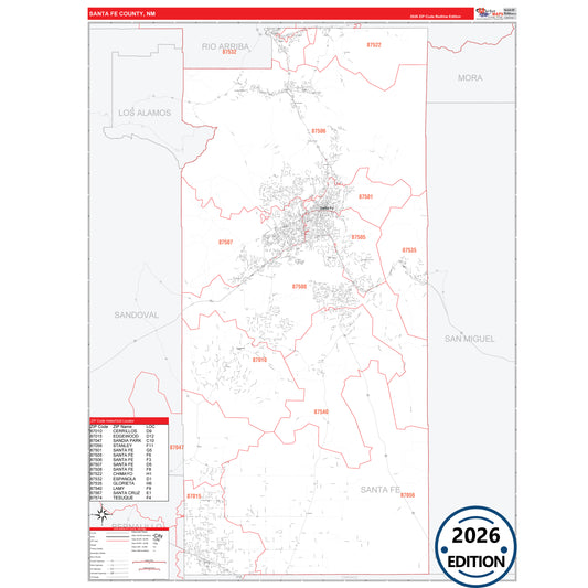 Santa Fe County, NM Red Line 5 Digit ZIP Code Wall Map