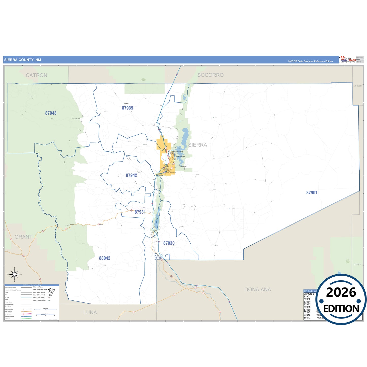 Sierra County, NM Business Reference 5 Digit ZIP Code Wall Map