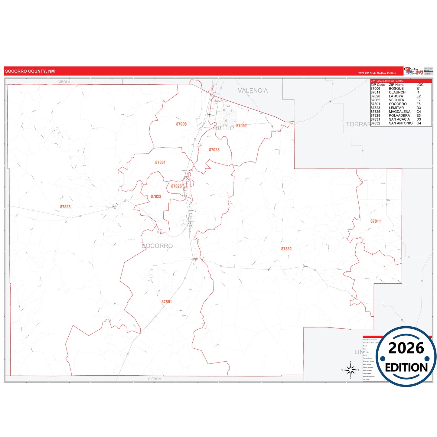 Socorro County, NM Red Line 5 Digit ZIP Code Wall Map