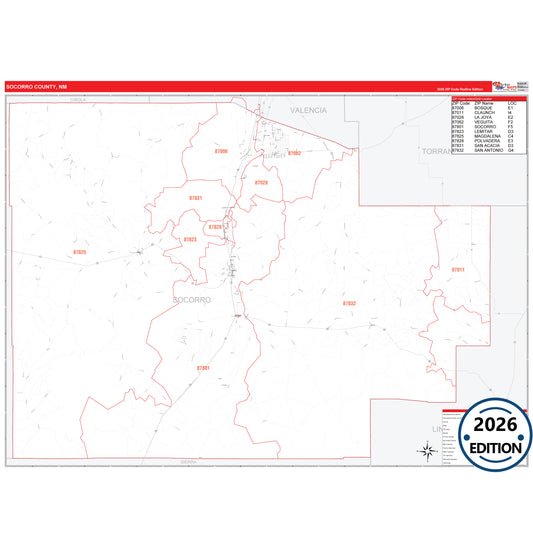 Socorro County, NM Red Line 5 Digit ZIP Code Wall Map