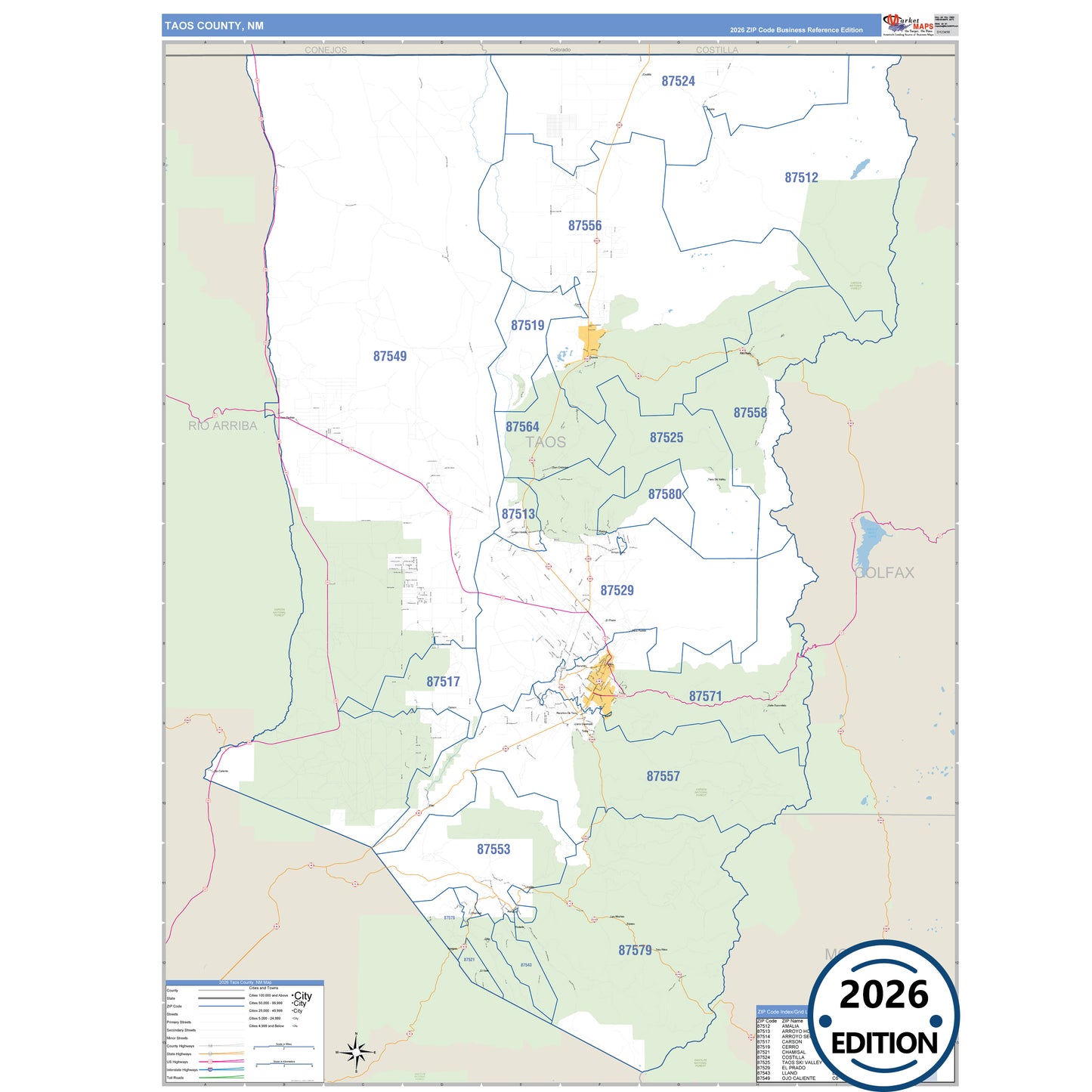 Taos County, NM Business Reference 5 Digit ZIP Code Wall Map