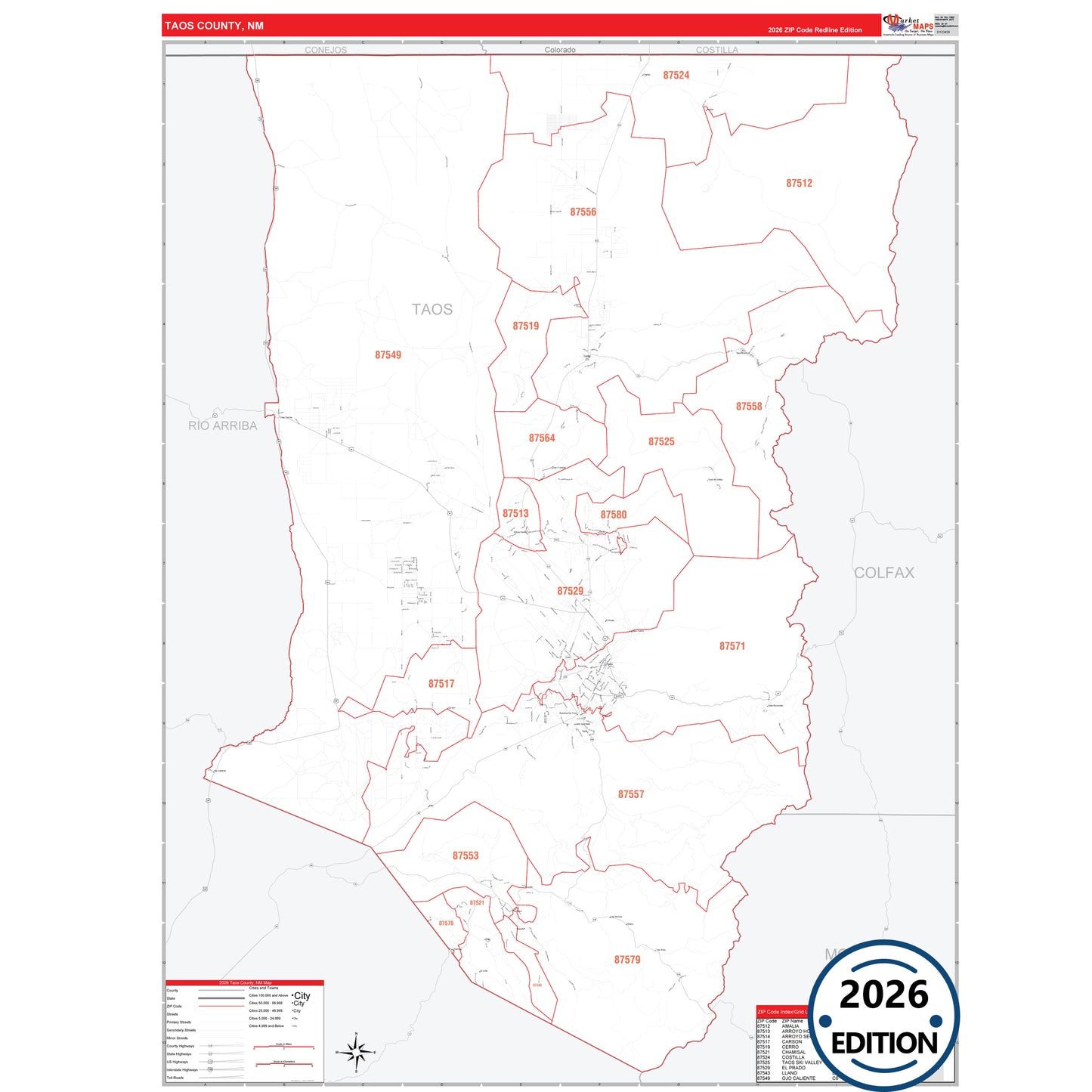 Taos County, NM Red Line 5 Digit ZIP Code Wall Map