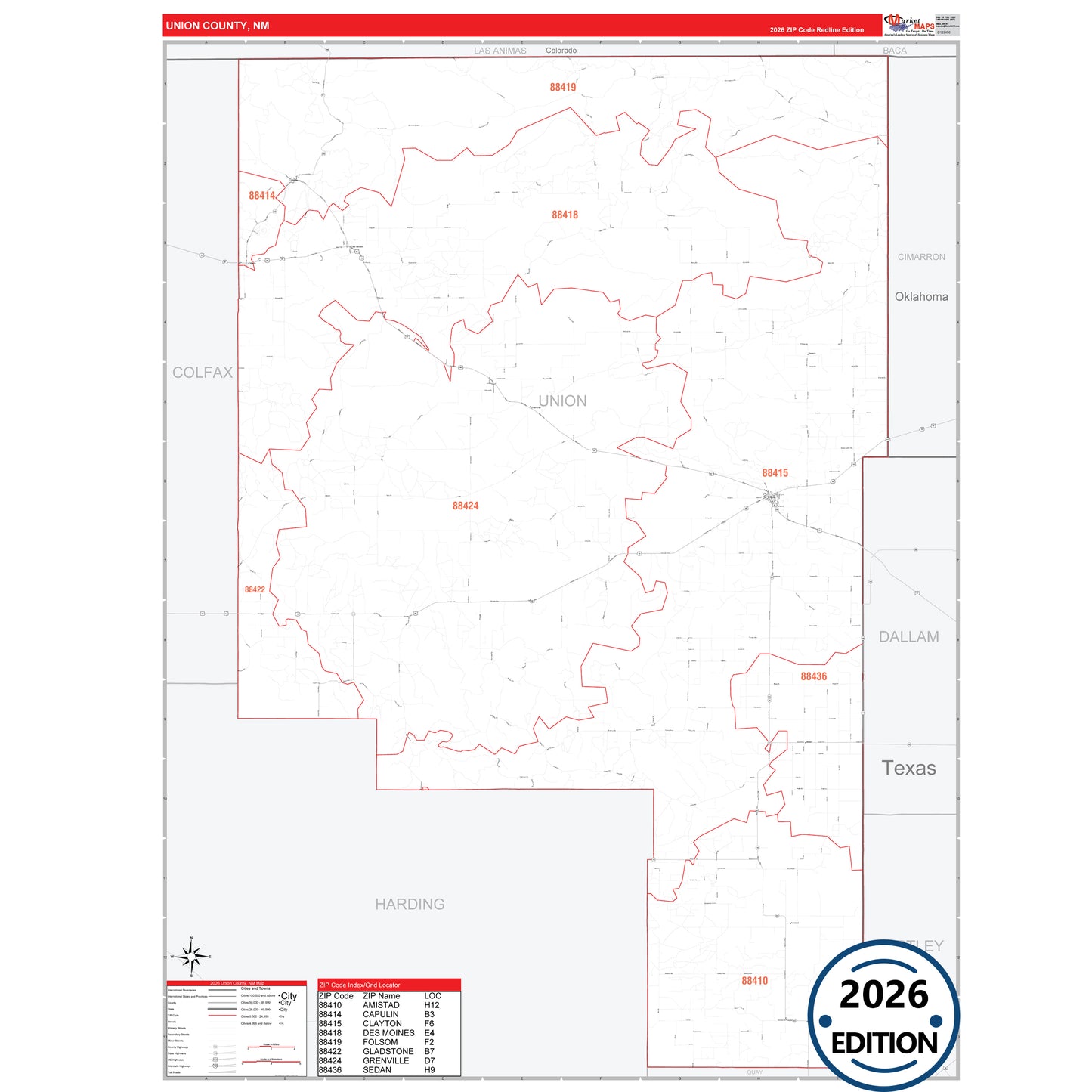 Union County, NM Red Line 5 Digit ZIP Code Wall Map