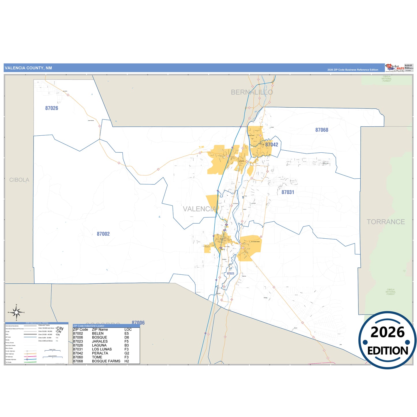 Valencia County, NM Business Reference 5 Digit ZIP Code Wall Map
