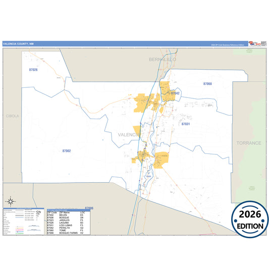 Valencia County, NM Business Reference 5 Digit ZIP Code Wall Map