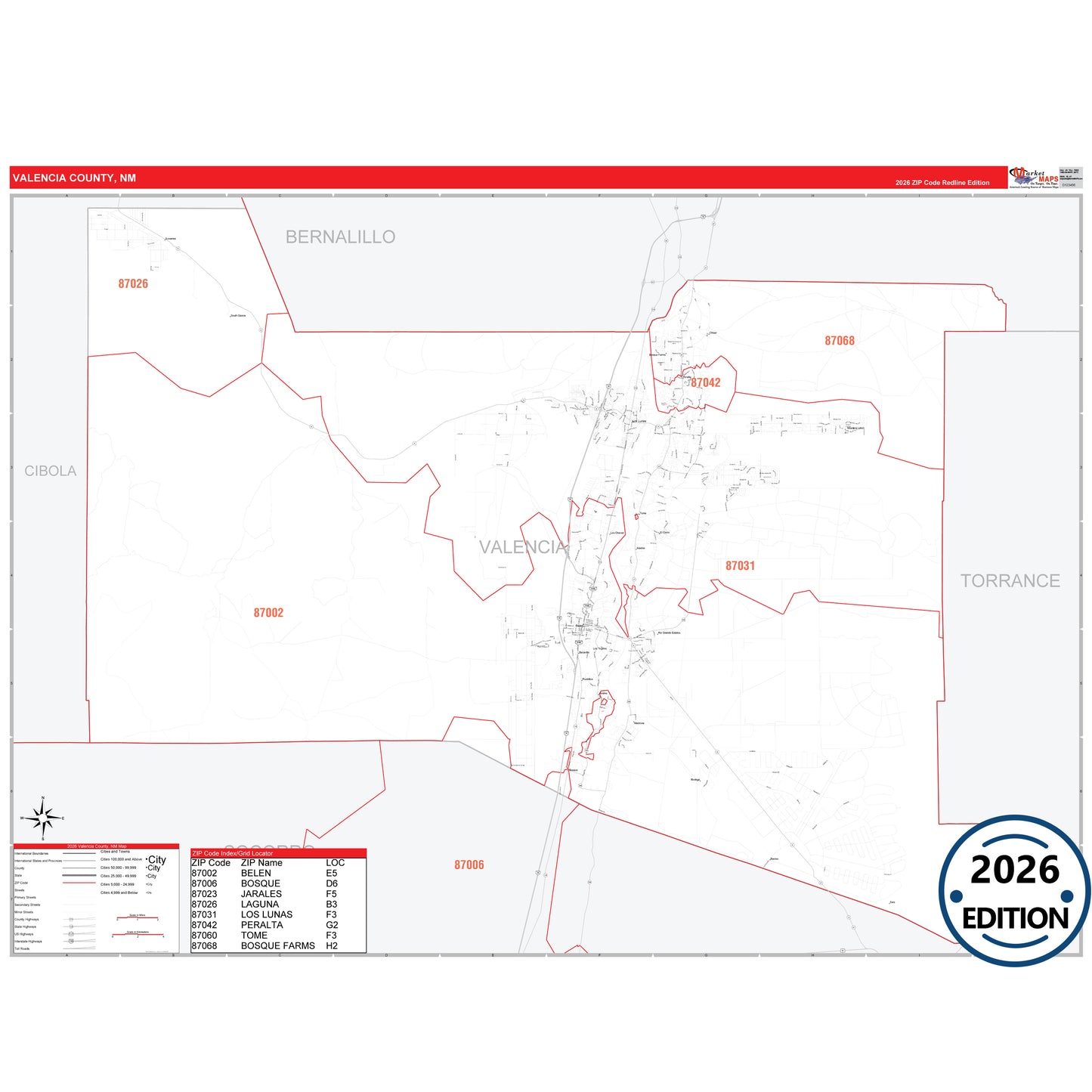 Valencia County, NM Red Line 5 Digit ZIP Code Wall Map