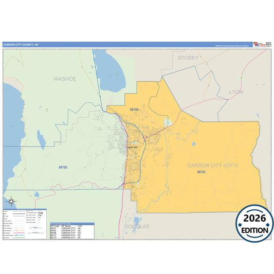 Carson City County, NV Business Reference 5 Digit ZIP Code Wall Map