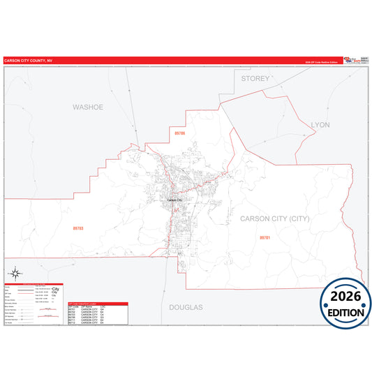 Carson City County, NV Red Line 5 Digit ZIP Code Wall Map