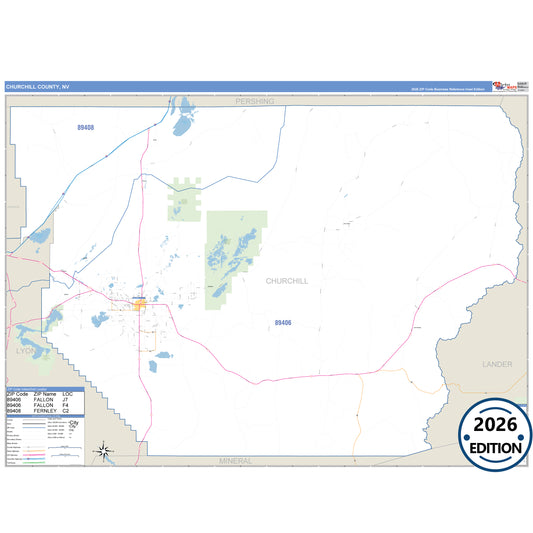 Churchill County, NV Business Reference 5 Digit ZIP Code Wall Map
