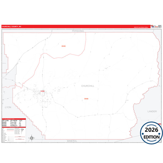 Churchill County, NV Red Line 5 Digit ZIP Code Wall Map