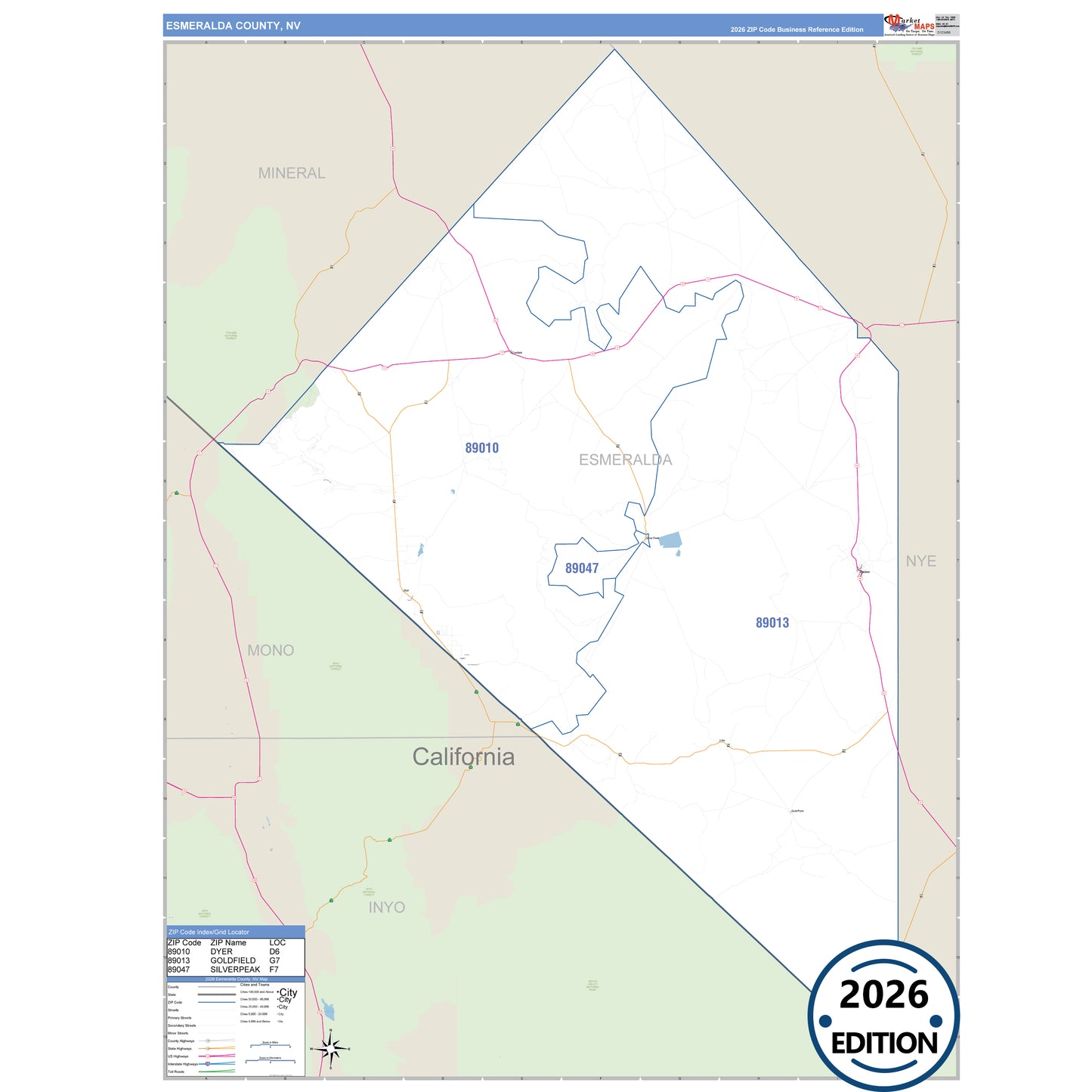 Esmeralda County, NV Business Reference 5 Digit ZIP Code Wall Map