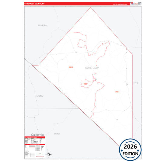 Esmeralda County, NV Red Line 5 Digit ZIP Code Wall Map
