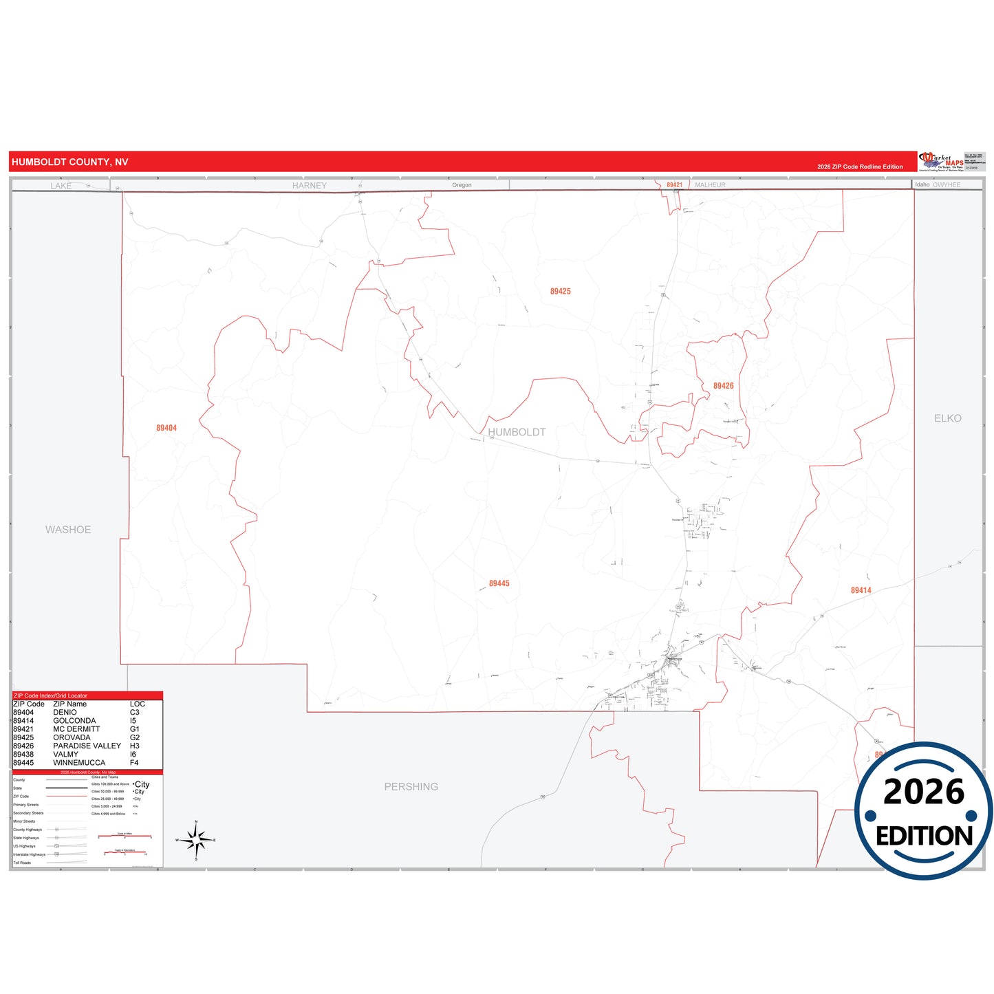 Humboldt County, NV Red Line 5 Digit ZIP Code Wall Map