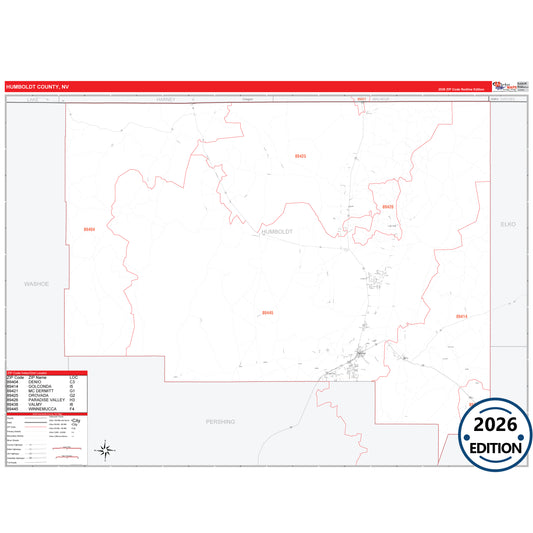 Humboldt County, NV Red Line 5 Digit ZIP Code Wall Map
