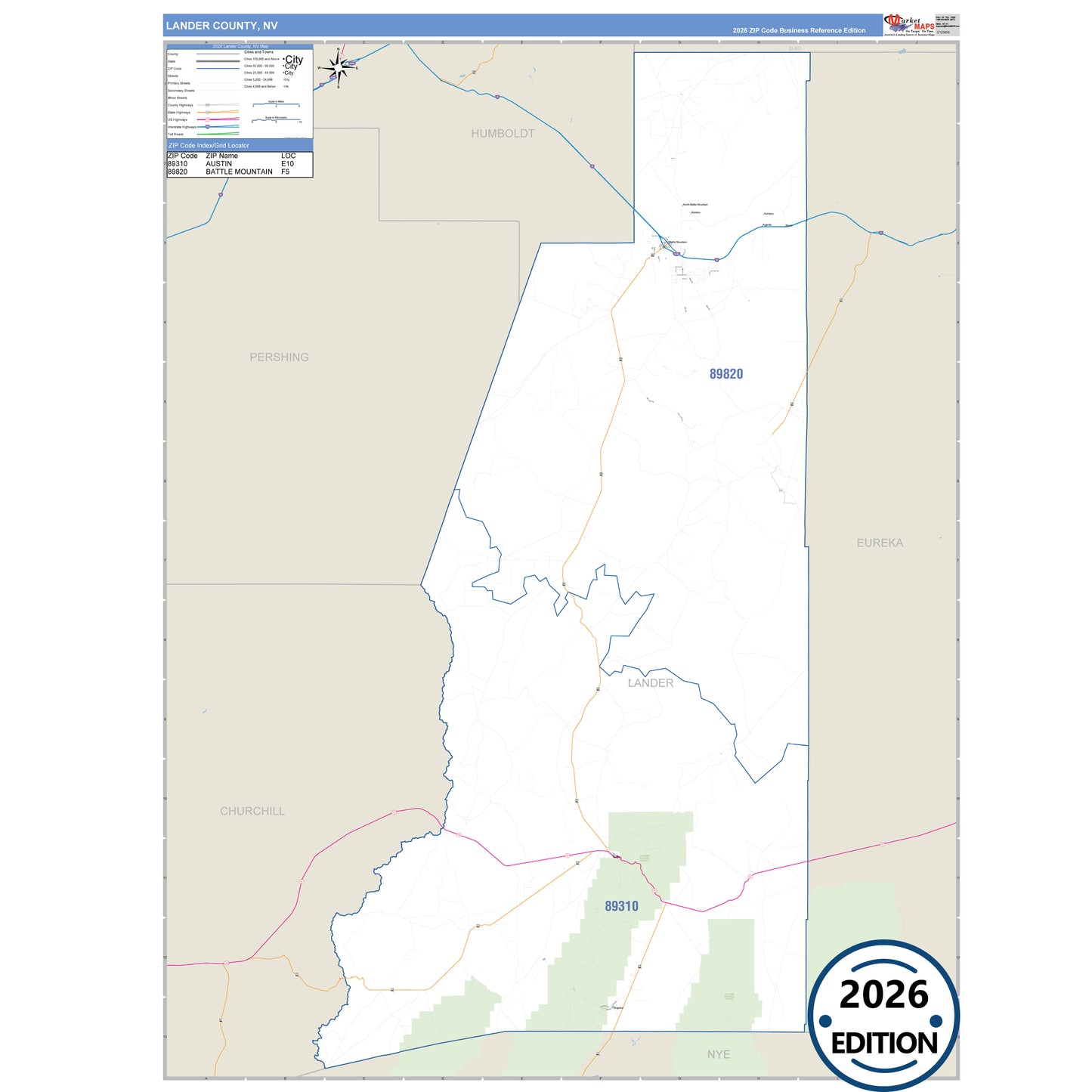 Lander County, NV Business Reference 5 Digit ZIP Code Wall Map