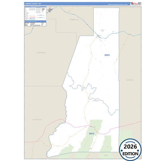 Lander County, NV Business Reference 5 Digit ZIP Code Wall Map