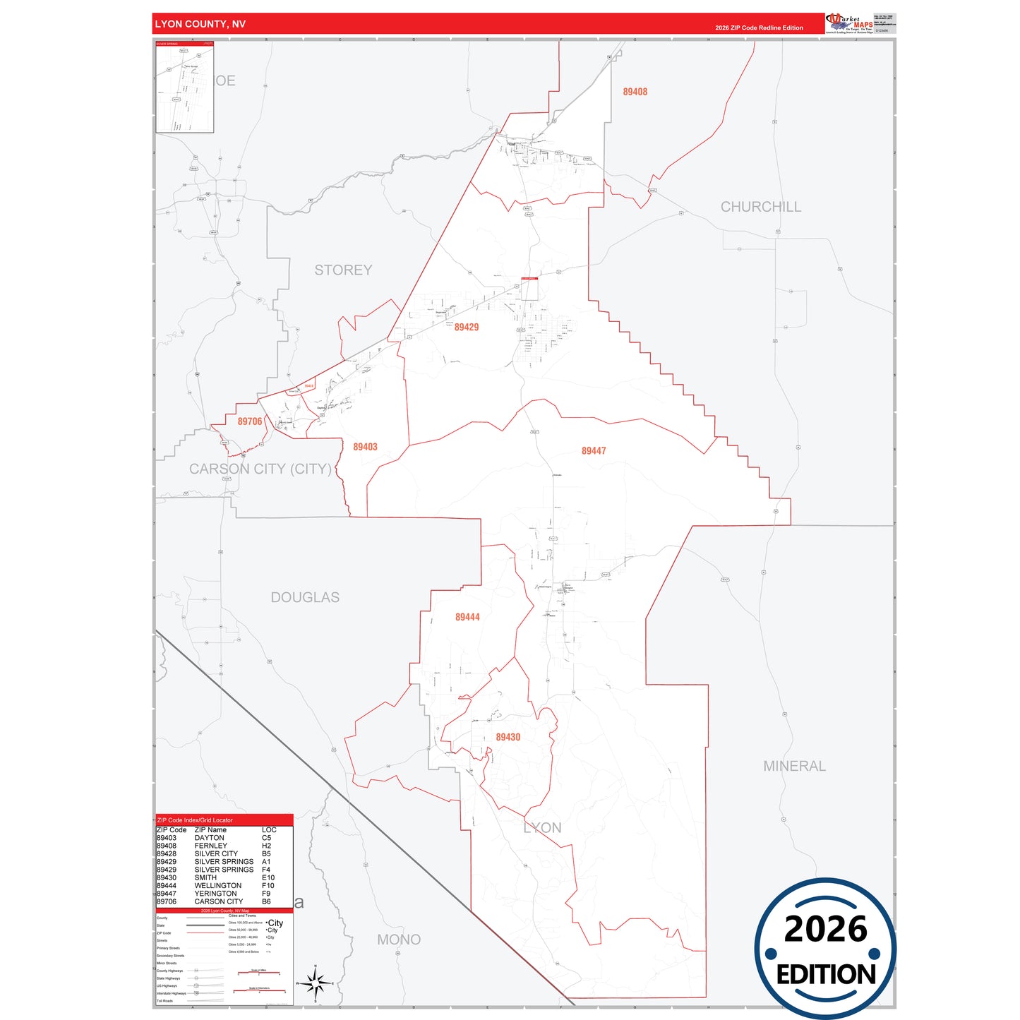 Lyon County, NV Red Line 5 Digit ZIP Code Wall Map