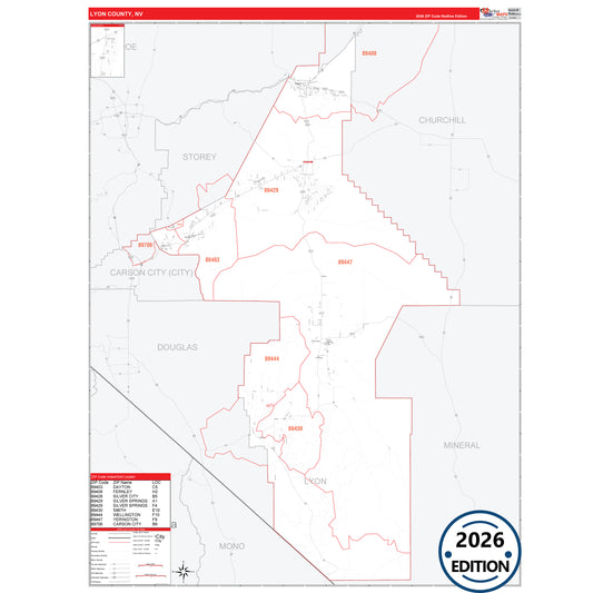 Lyon County, NV Red Line 5 Digit ZIP Code Wall Map