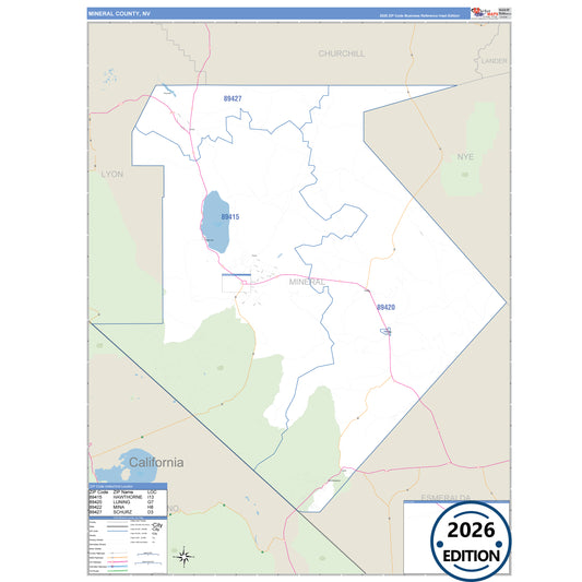 Mineral County, NV Business Reference 5 Digit ZIP Code Wall Map