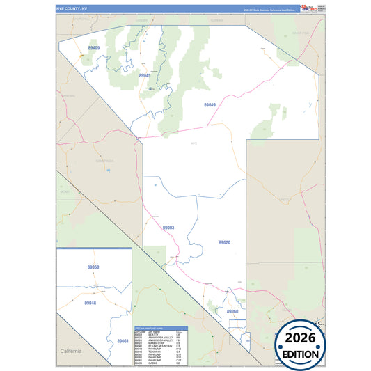 Nye County, NV Business Reference 5 Digit ZIP Code Wall Map