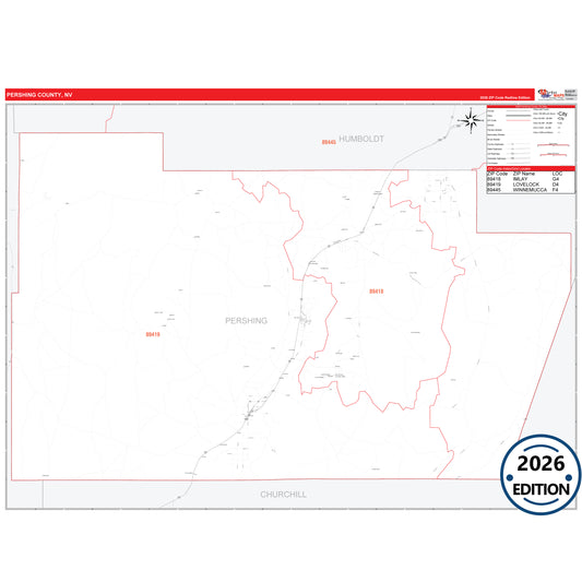 Pershing County, NV Red Line 5 Digit ZIP Code Wall Map
