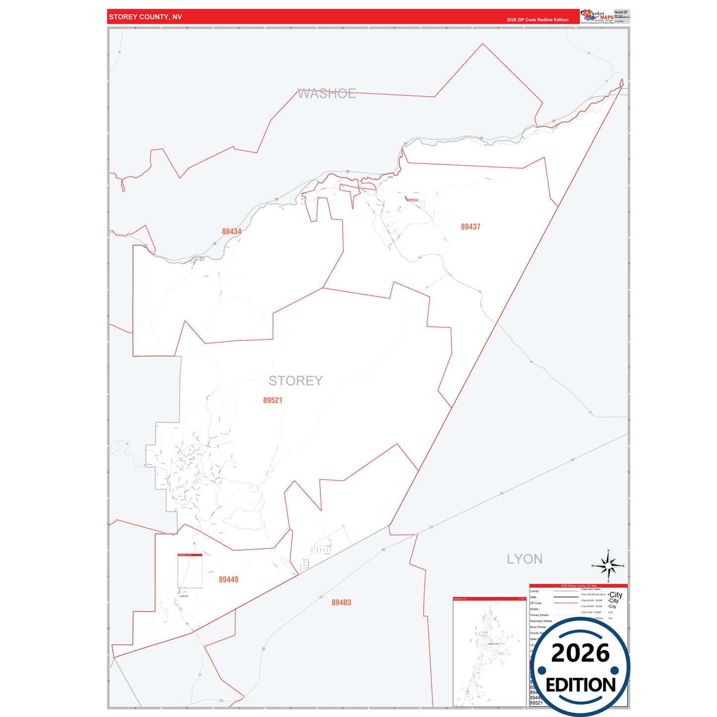 Storey County, NV Red Line 5 Digit ZIP Code Wall Map