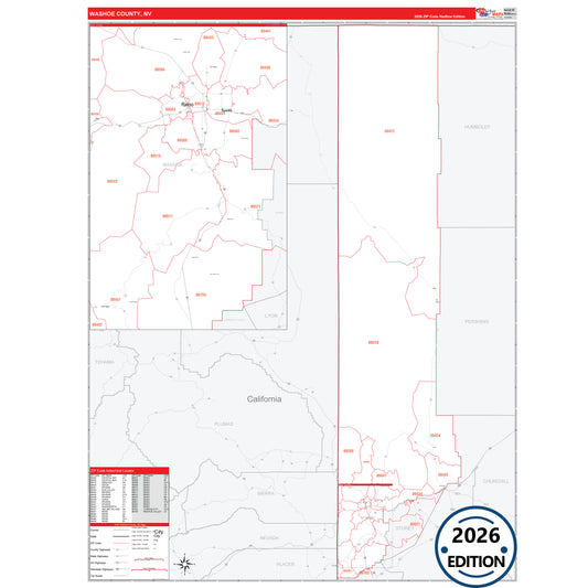 Washoe County, NV Red Line 5 Digit ZIP Code Wall Map