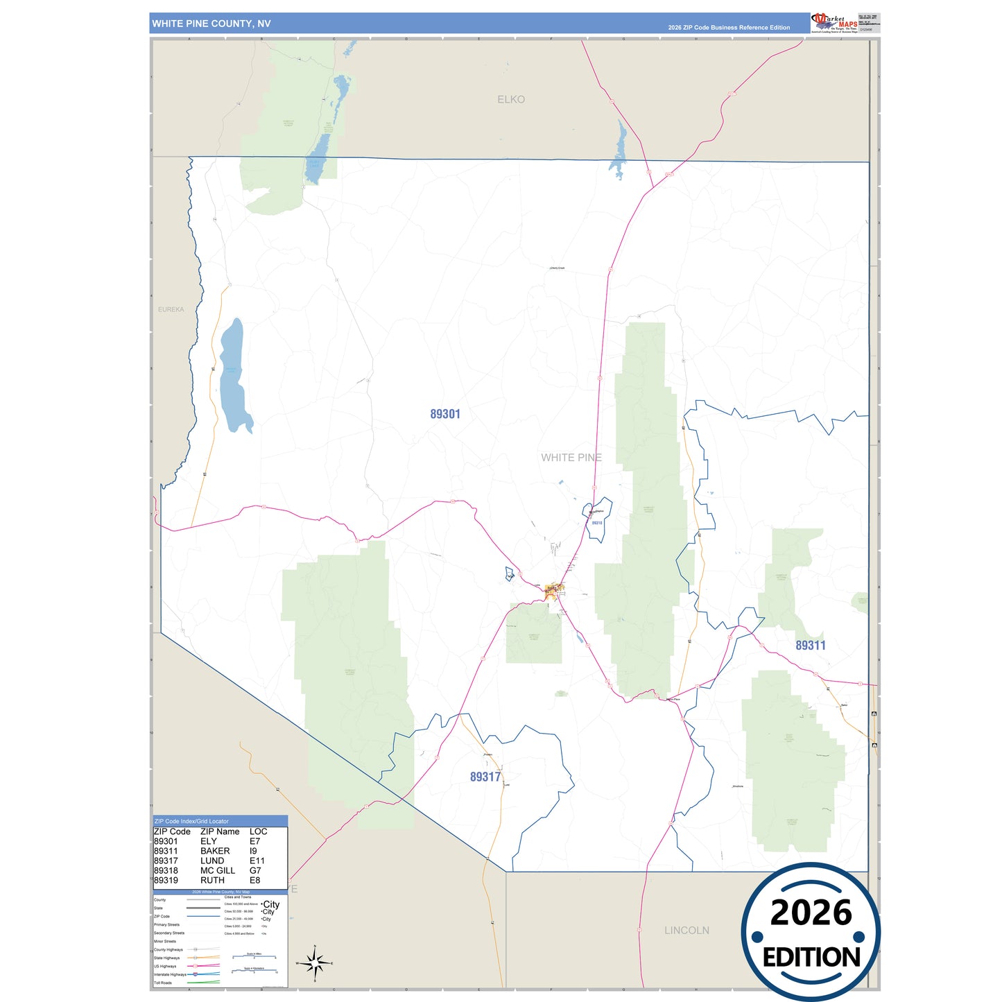 White Pine County, NV Business Reference 5 Digit ZIP Code Wall Map