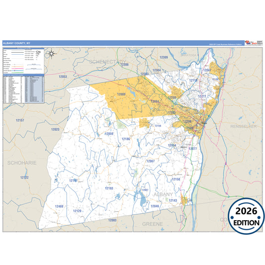 Albany County, NY Business Reference 5 Digit ZIP Code Wall Map