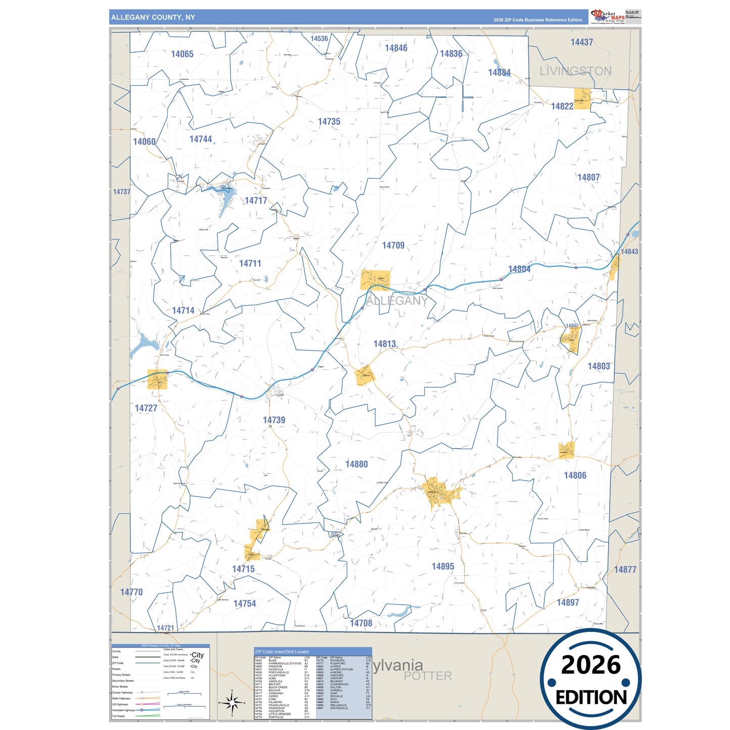 Allegany County, NY Business Reference 5 Digit ZIP Code Wall Map