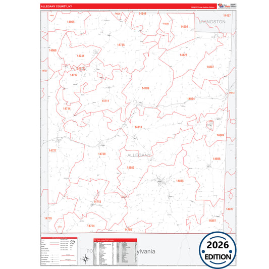 Allegany County, NY Red Line 5 Digit ZIP Code Wall Map