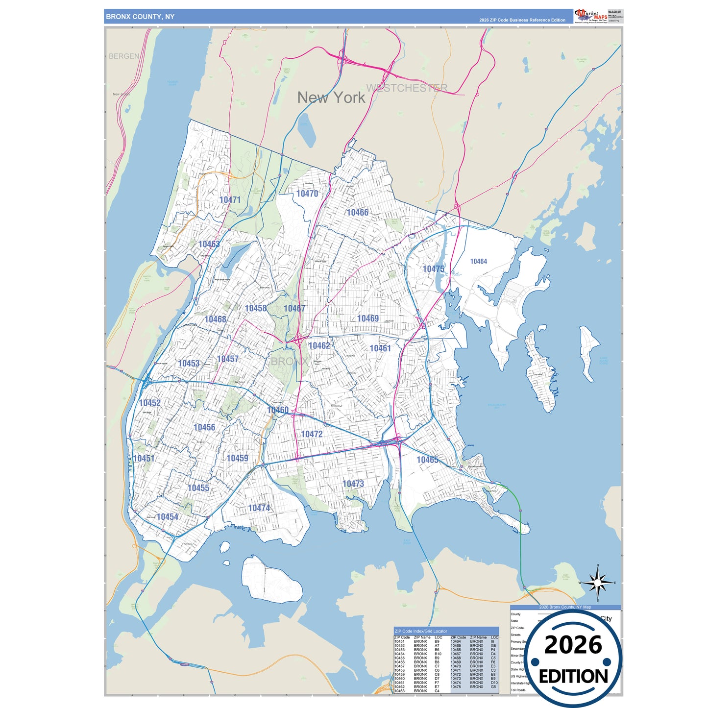 Bronx County, NY Business Reference 5 Digit ZIP Code Wall Map