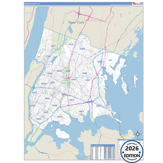 Bronx County, NY Business Reference 5 Digit ZIP Code Wall Map