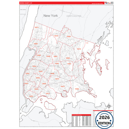 Bronx County, NY Red Line 5 Digit ZIP Code Wall Map