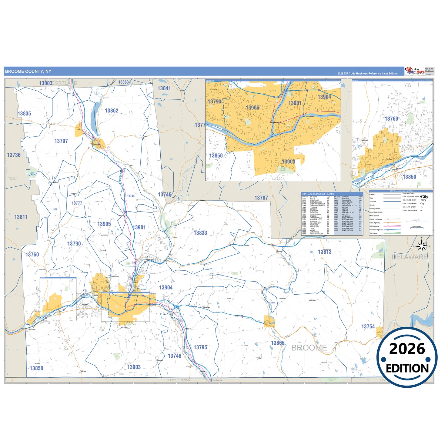 Broome County, NY Business Reference 5 Digit ZIP Code Wall Map