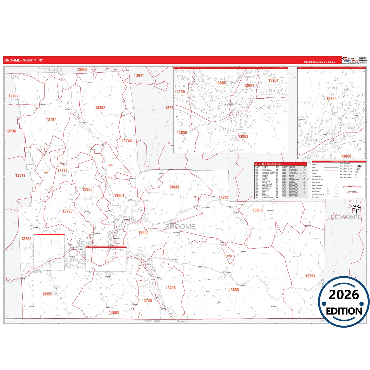 Broome County, NY Red Line 5 Digit ZIP Code Wall Map