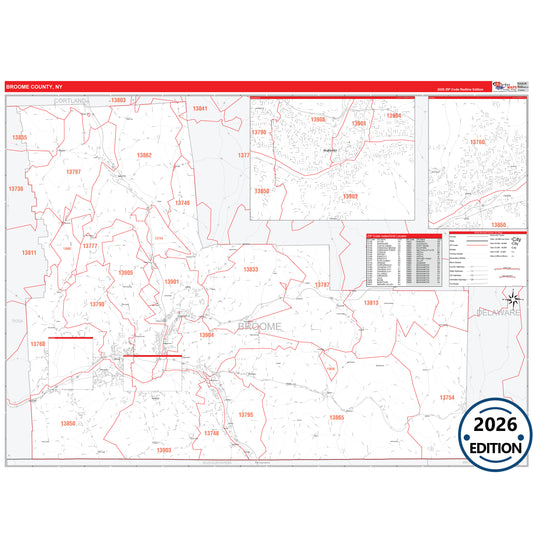 Broome County, NY Red Line 5 Digit ZIP Code Wall Map