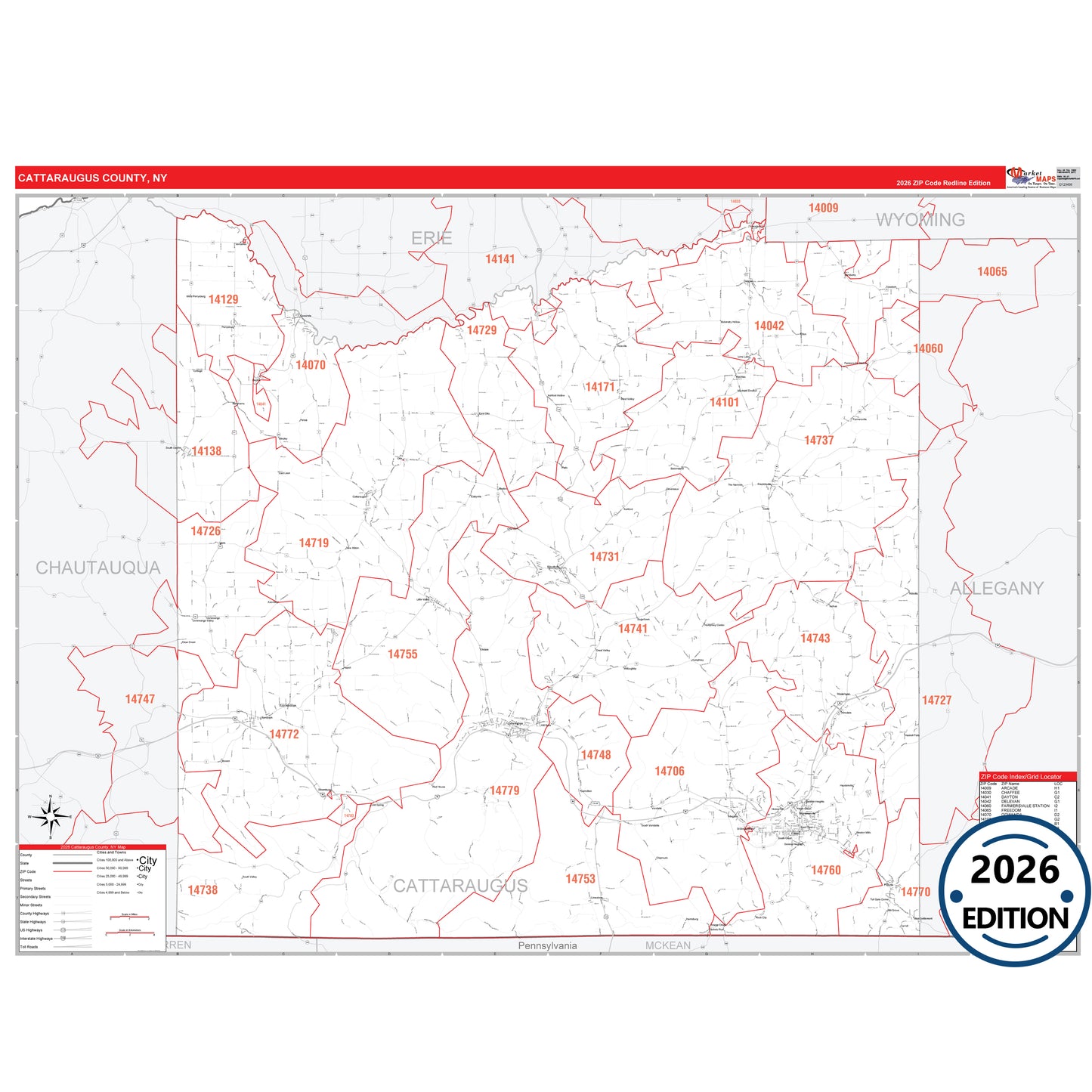 Cattaraugus County, NY Red Line 5 Digit ZIP Code Wall Map