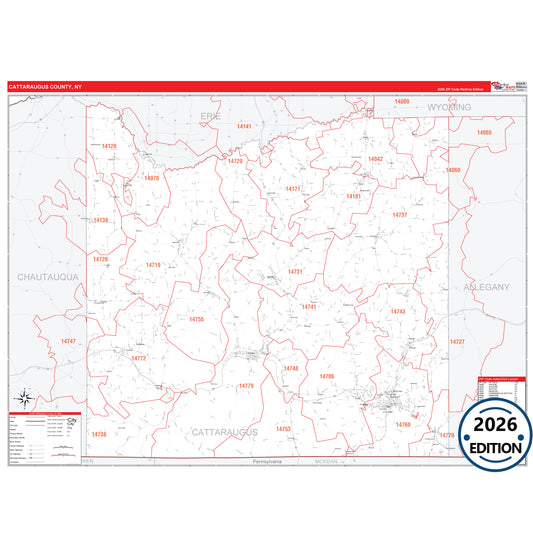 Cattaraugus County, NY Red Line 5 Digit ZIP Code Wall Map
