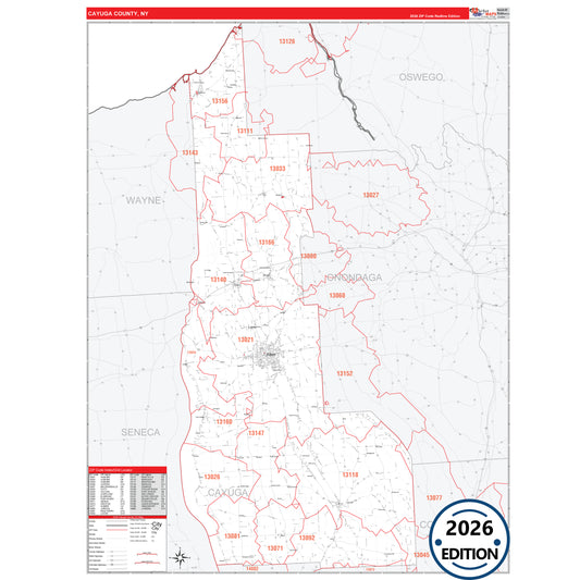 Cayuga County, NY Red Line 5 Digit ZIP Code Wall Map
