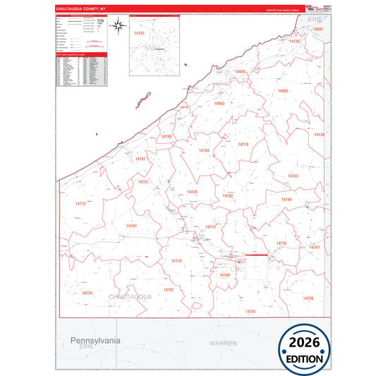 Chautauqua County, NY Red Line 5 Digit ZIP Code Wall Map